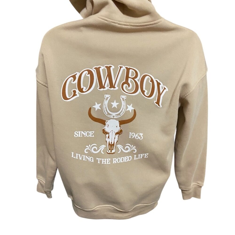 Cowboy Hoodie Full Zip Unisex Western Living The Rodeo Life Beige M/L - Picture 6 of 10